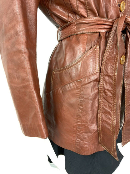 VINTAGE 60s 70s BROWN RED BELTED MOD LEATHER JACKET 12 14