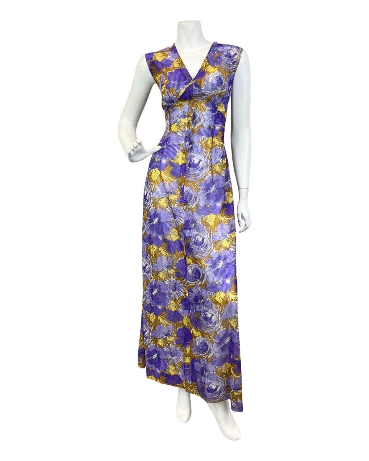 VINTAGE 60s 70s PURPLE YELLOW BROWN PSYCHEDELIC FLORAL SLEEVELESS MAXI DRESS 14