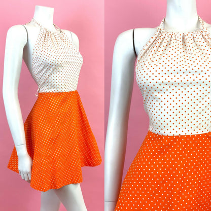 VINTAGE 60s 70s WHITE ORANGE POLKA-DOT MOD HALTER MINI SUMMER DRESS 6 8