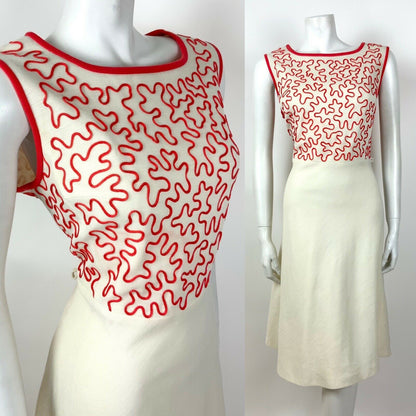 VINTAGE 60s 70s CREAM RED BRAIDED SQUIGGLE SLEEVELESS MIDI DRESS 16