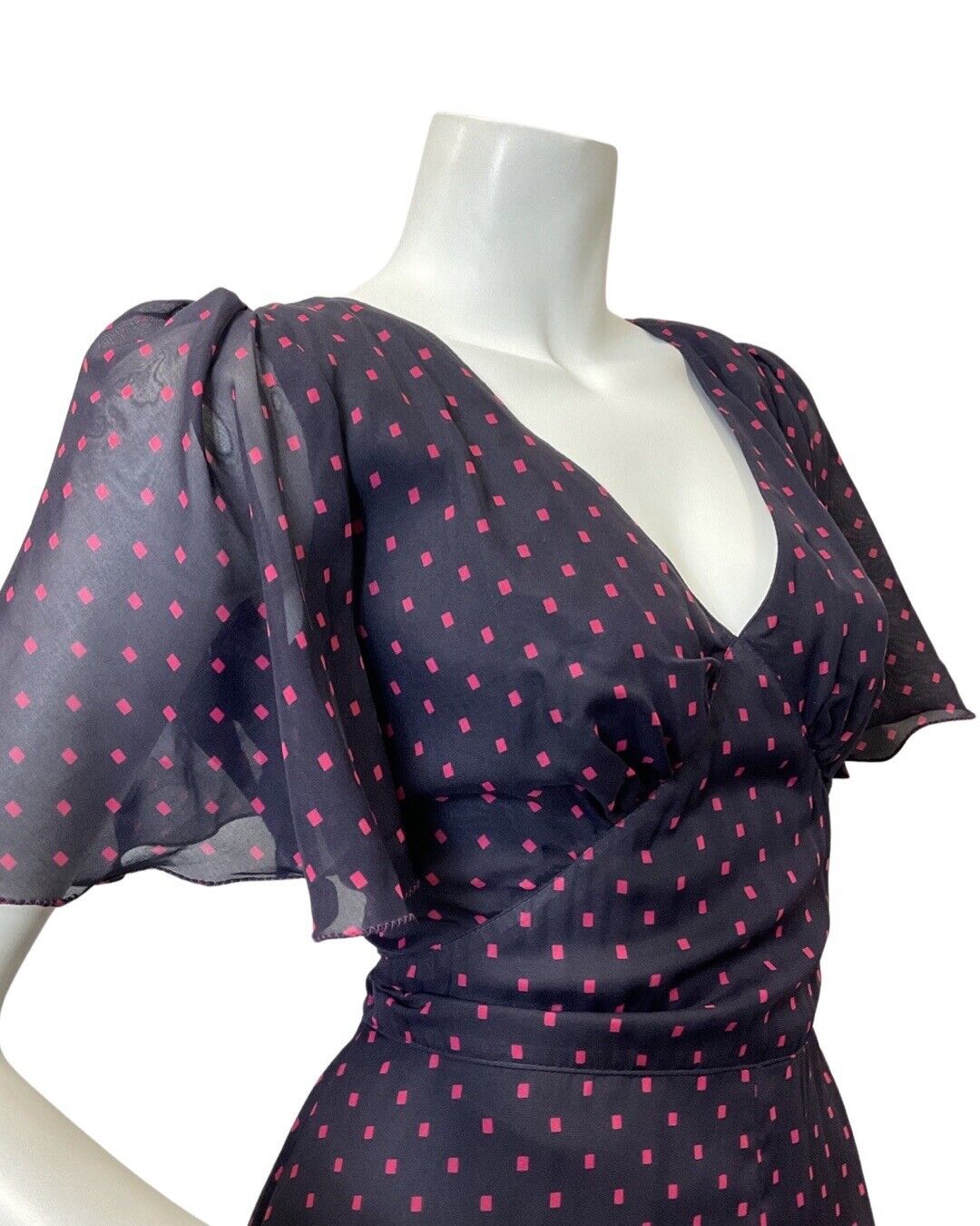 VINTAGE 60s 70s NAVY BLUE PINK SQUARE POLKA-DOT SHEER GOWN MAXI DRESS 10 12