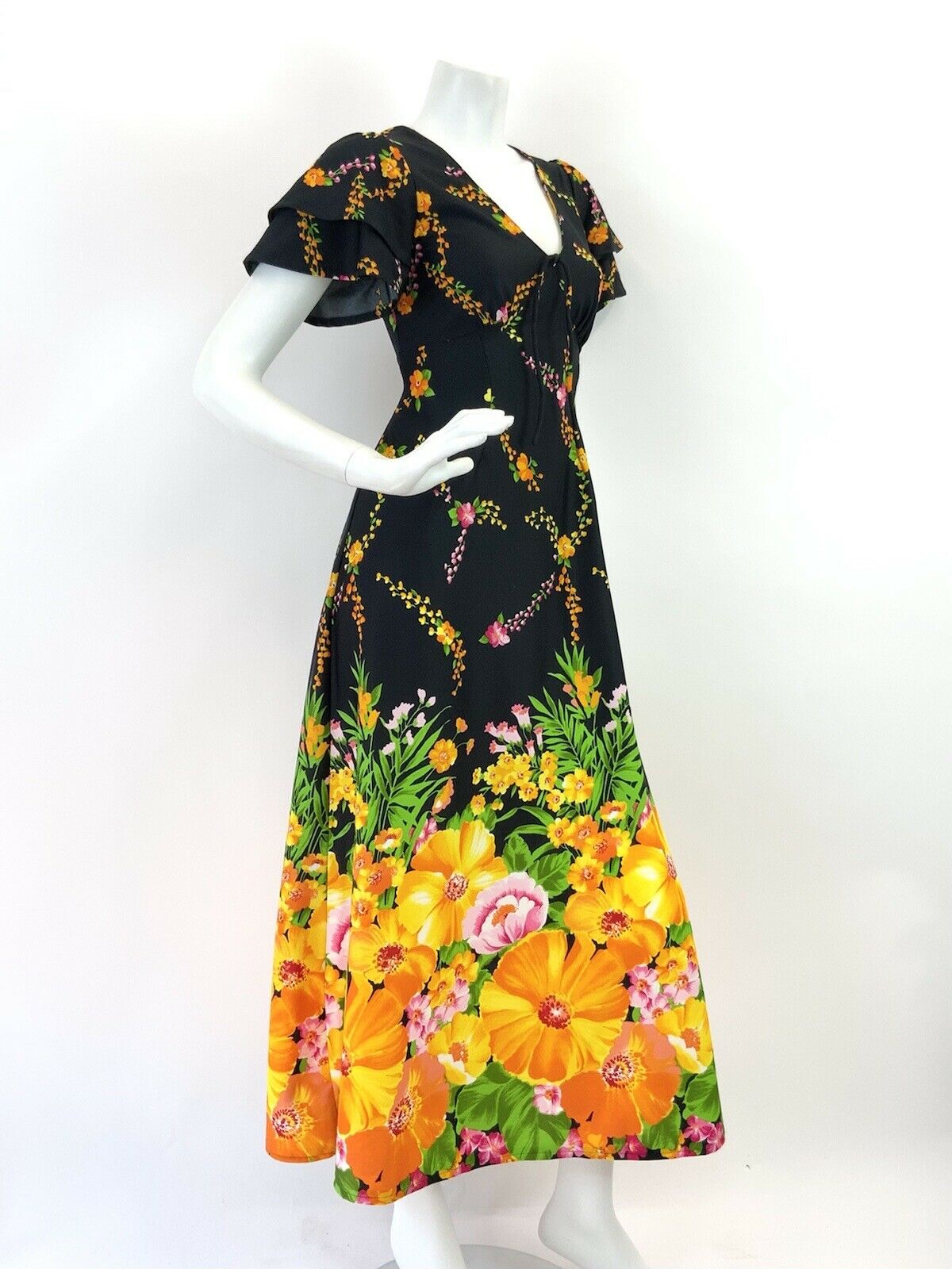 VINTAGE 60s 70s BLACK YELLOW GREEN PINK FLORAL VINE RUFFLED MAXI DRESS 10