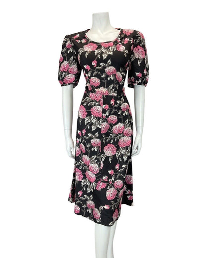 VINTAGE 60s 70s BLACK PINK GREY FLORAL HYDRANGEA MOD KNEE-LENGTH DRESS 12 14