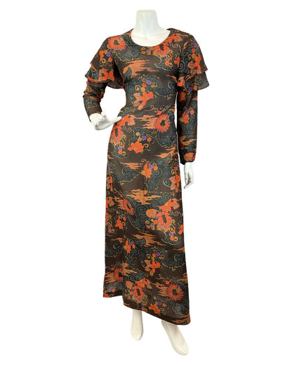 VINTAGE 60s 70s BROWN ORANGE BLACK PSYCHEDELIC SWIRL FLORAL MAXI DRESS 10