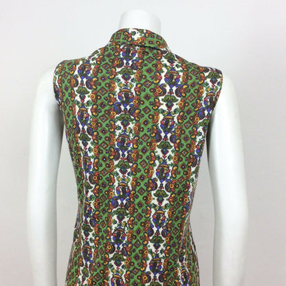 60S VINTAGE PSYCHEDELIC GREEN YELLOW WHITE FLORAL PAISLEY MINI DRESS 16