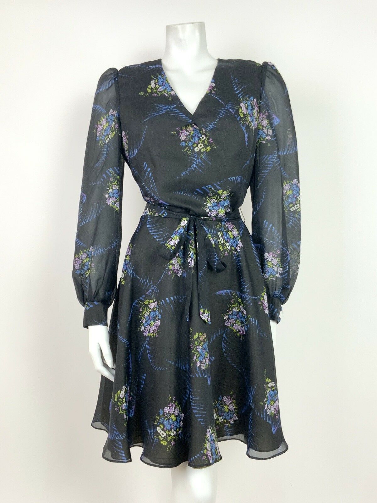 VINTAGE 60s 70s BLACK BLUE PURPLE GREEN FLORAL SHEER FLOATY DRESS 10