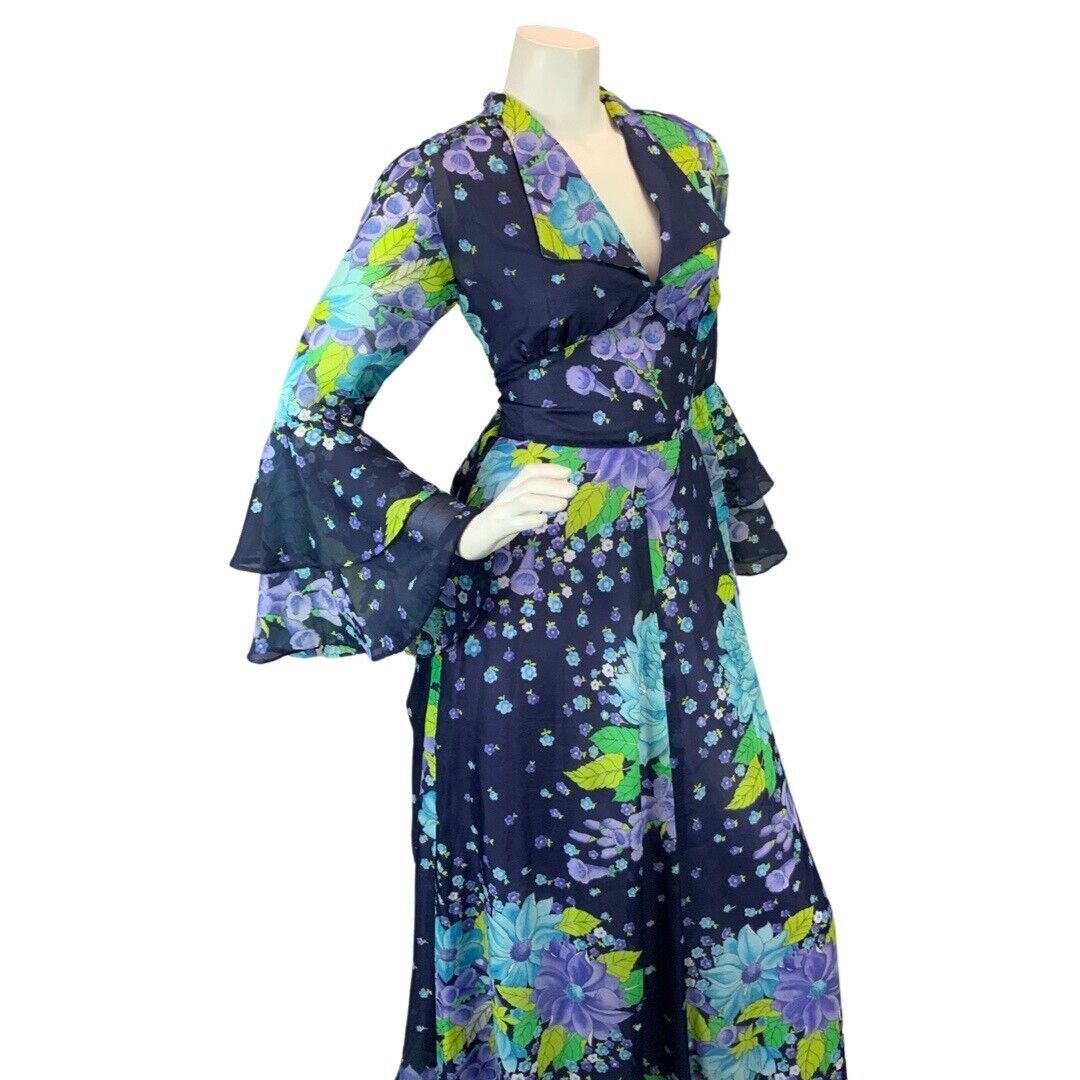 VINTAGE 60s 70s BLUE PURPLE GREEN FLORAL PSYCHEDELIC FLOUNCE MOD MAXI DRESS 10