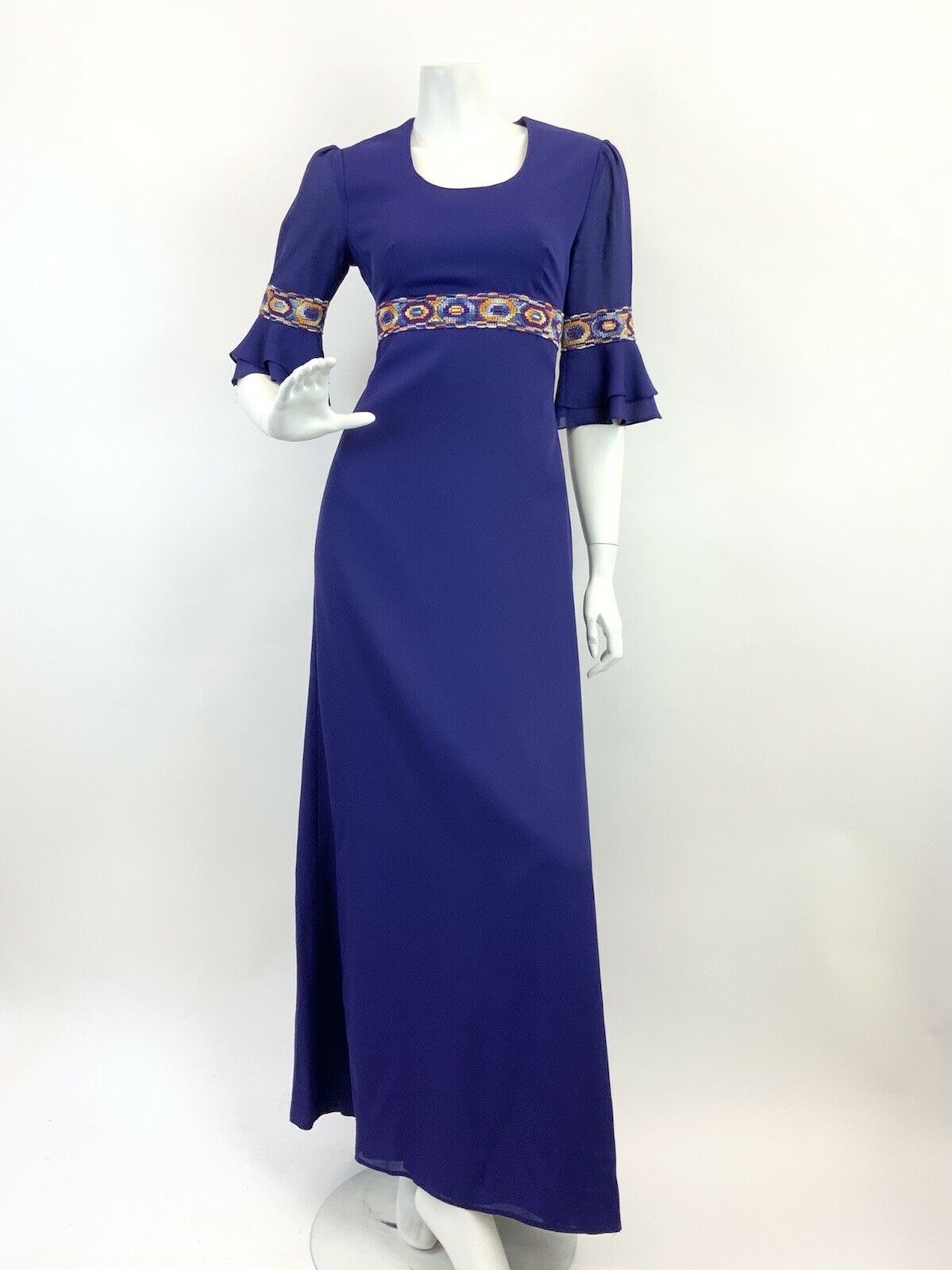 VTG 60s 70s PURPLE ORANGE BLUE EMBROIDERED GEOMETRIC MOD EMPIRE MAXI DRESS 10 12