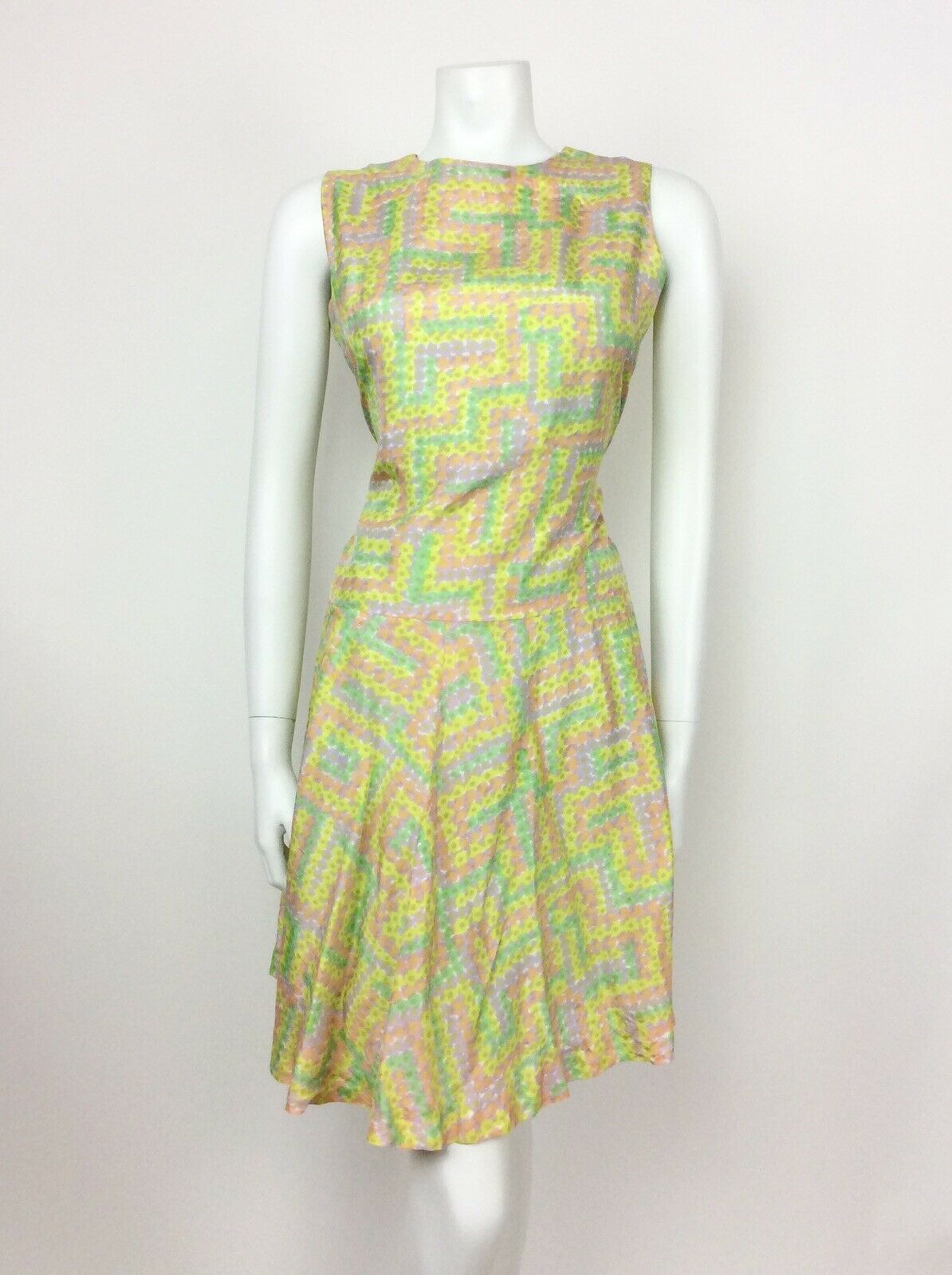 VINTAGE 60s 70s ABSTRACT FLORAL GREEN PINK PURPLE PSYCHEDELIC ACID DRESS 10 12