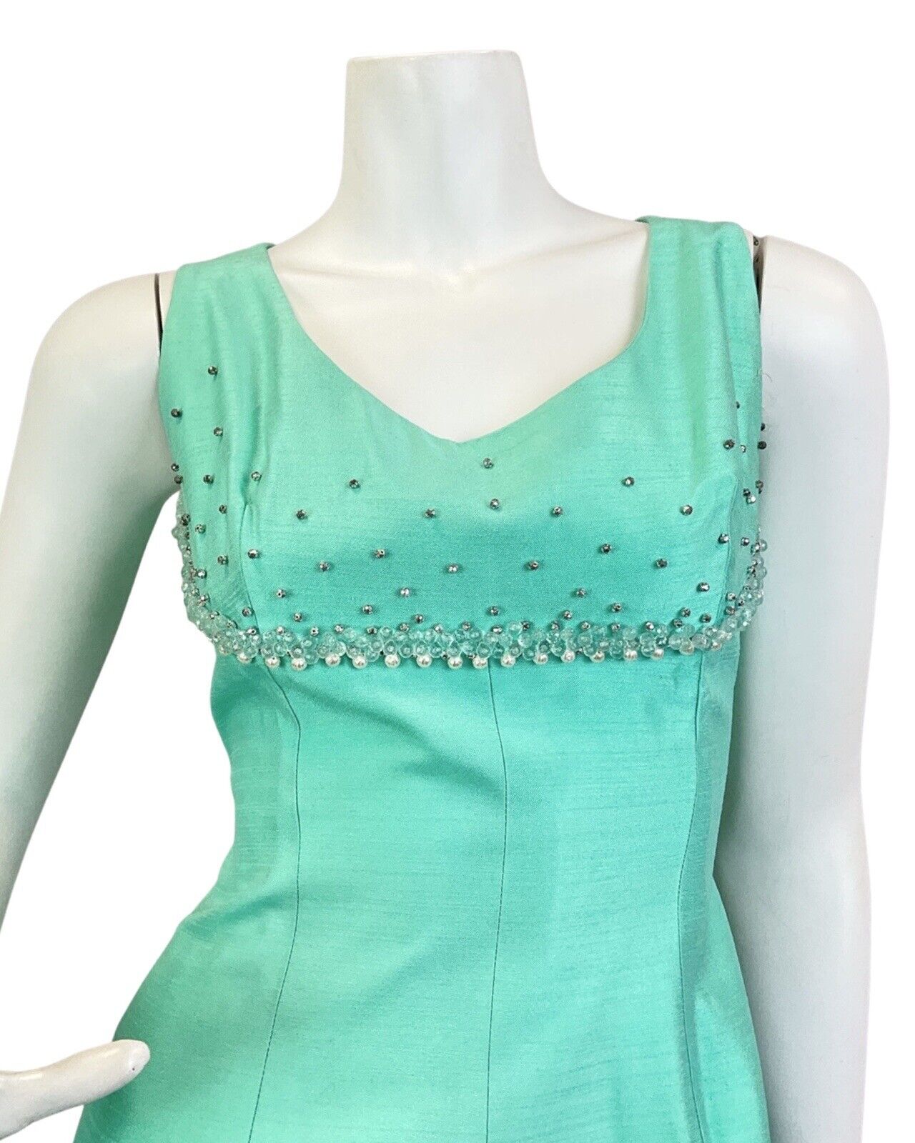 VTG 60s 70s MINT GREEN BEADED EMPIRE LINE REGENCY SLEEVELESS MAXI DRESS 8 10