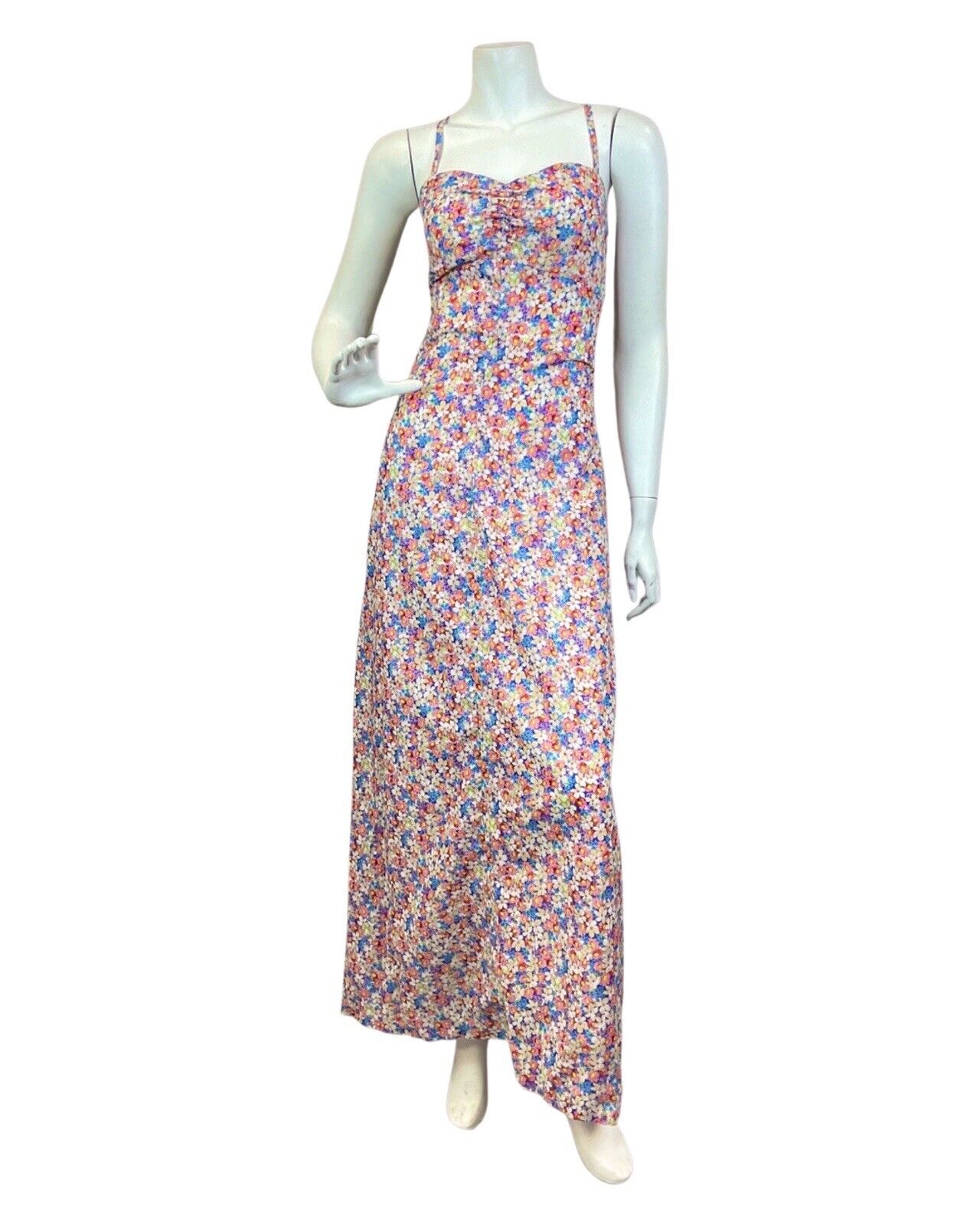 VINTAGE 60s 70s PINK BLUE GREEN DITSY GARDEN FLOWER STRAPPY SUMMER MAXI DRESS 8