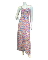 VINTAGE 60s 70s PINK BLUE GREEN DITSY GARDEN FLOWER STRAPPY SUMMER MAXI DRESS 8