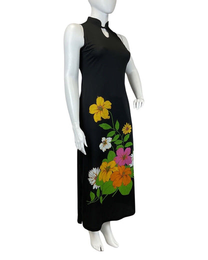 VTG 60s 70s BLACK GREEN YELLOW FLORAL MANDARIN COLLAR SLEEVELESS MAXI DRESS 16