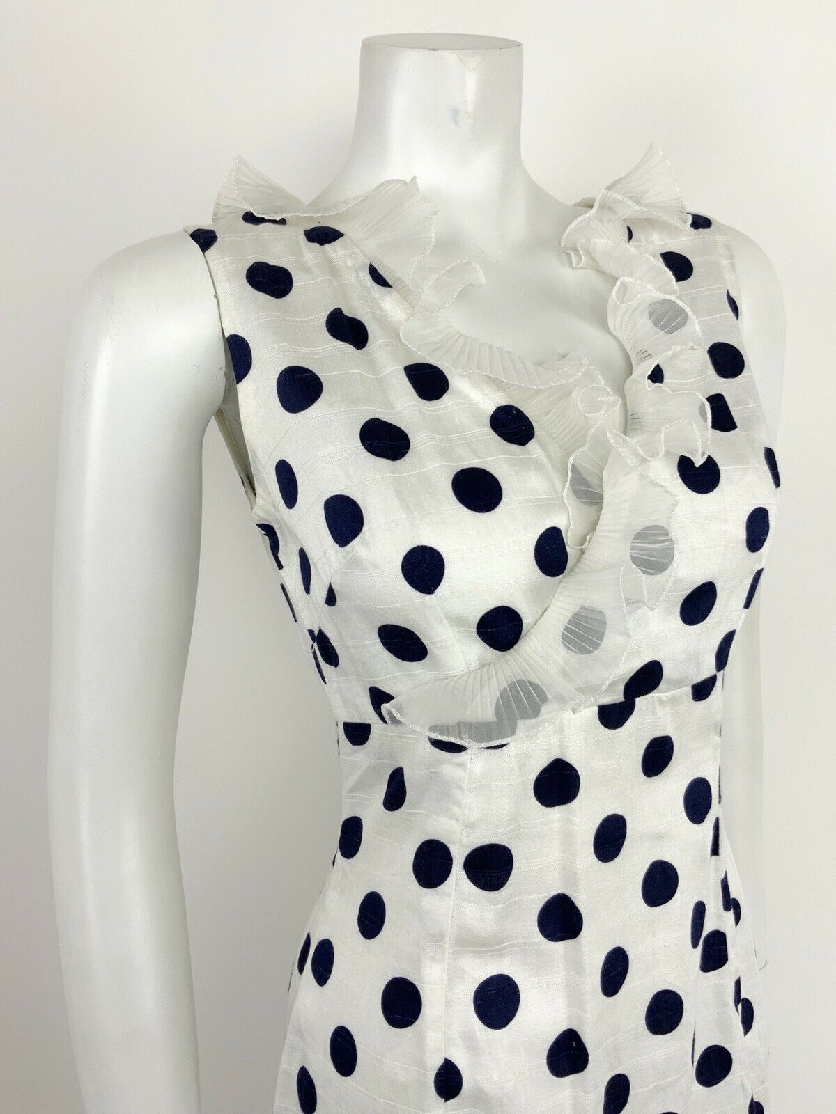 VTG 60s 70s NAVY BLUE WHITE POLKA DOT FLOUNCE RUFFLE EMPIRE MOD DRESS 10 12