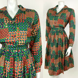 VINTAGE 60s 70s GREEN BLUE PEACH RED GEOMETRIC CHECKED PLEATED SHIRT DRESS 14 16