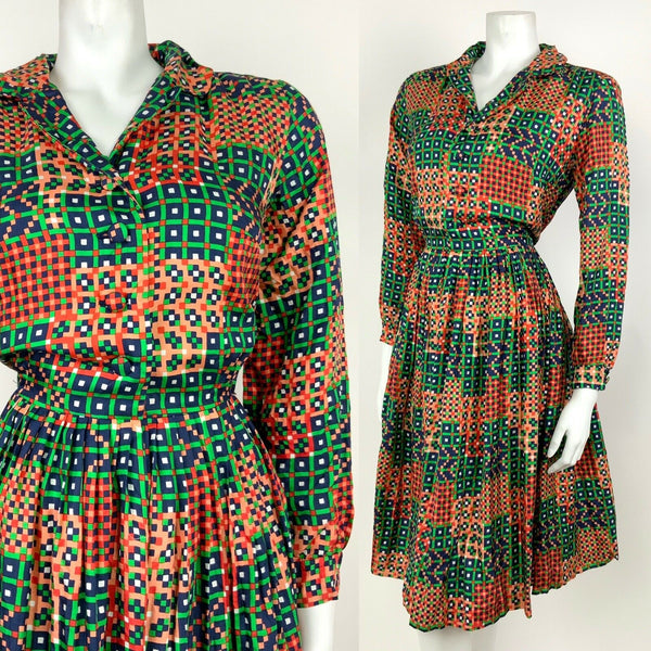 VINTAGE 60s 70s GREEN BLUE PEACH RED GEOMETRIC CHECKED PLEATED SHIRT DRESS 14 16