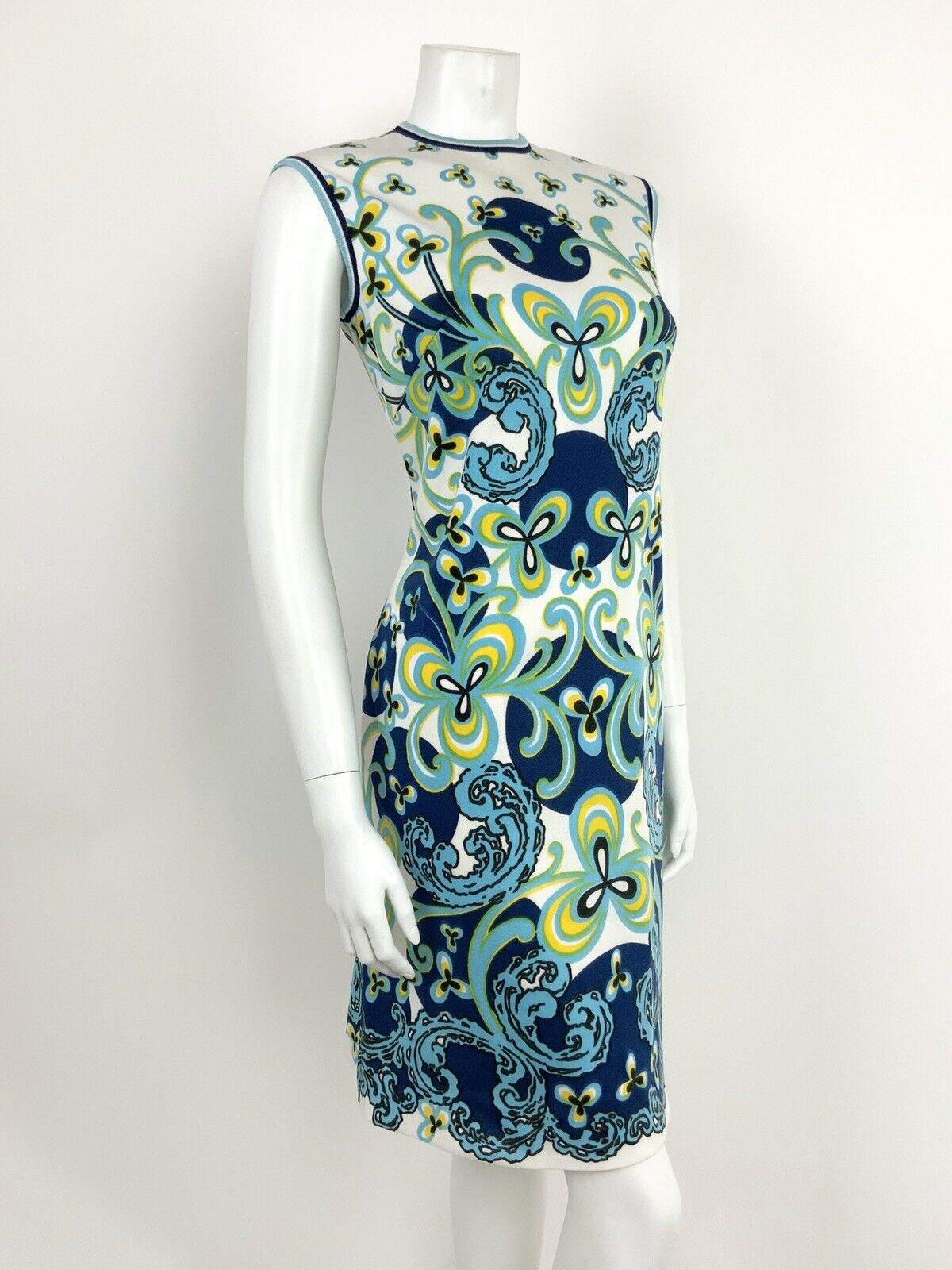 VINTAGE 60s 70s WHITE NAVY BLUE YELLOW PSYCHEDELIC FLORAL DRESS 10 12