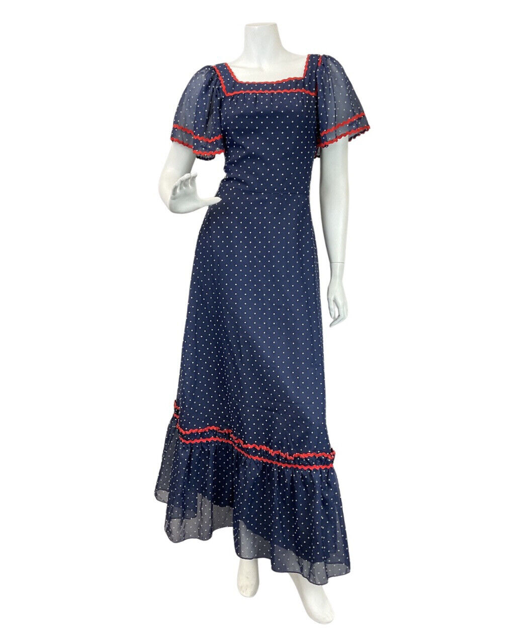 VINTAGE 60s 70s NAVY BLUE WHITE POLKA-DOT RIC-RAC MOD SHEER RUFFLED MAXI DRESS 8