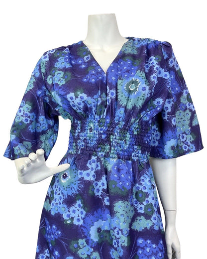 VINTAGE 60s 70s BLUE PSYCHEDELIC FLORAL SHIRRED BOHO MAXI DRESS 8