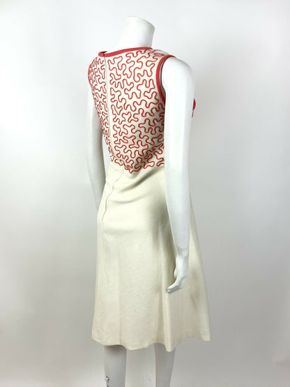 VINTAGE 60s 70s CREAM RED BRAIDED SQUIGGLE SLEEVELESS MIDI DRESS 16