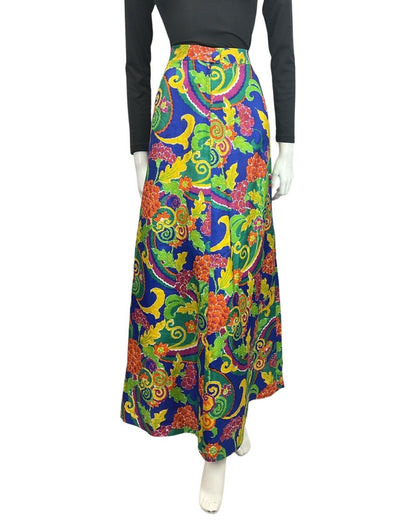 VINTAGE 60s 70s BLUE GREEN YELLOW PSYCHEDELIC FLORAL SWIRL MOD MAXI SKIRT 10