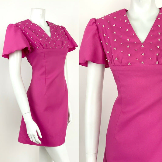 VTG 60s 70s FUCHSIA PINK EMPIRE LINE PEARL EMBELLISHMENT FLUTTER SLEEVE DRESS 8