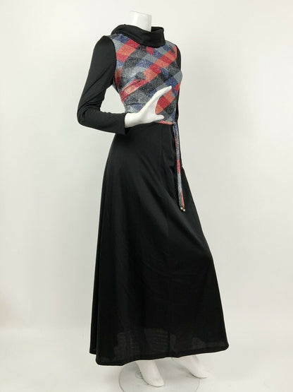 VTG 60s 70s BLACK RED ORANGE SILVER BLUE LUREX DIAMOND CHECK MAXI DRESS 10