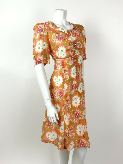 VINTAGE 60s 70s ORANGE WHITE PINK FLORAL DAISY PSYCHEDELIC SUMMER DRESS 12 14