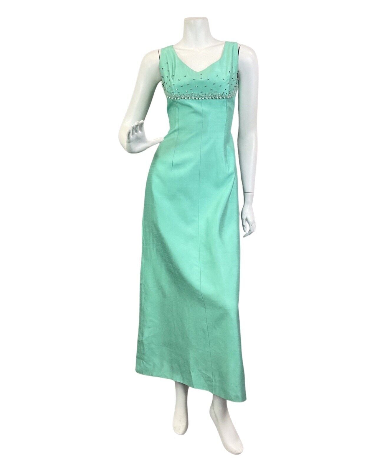 VTG 60s 70s MINT GREEN BEADED EMPIRE LINE REGENCY SLEEVELESS MAXI DRESS 8 10