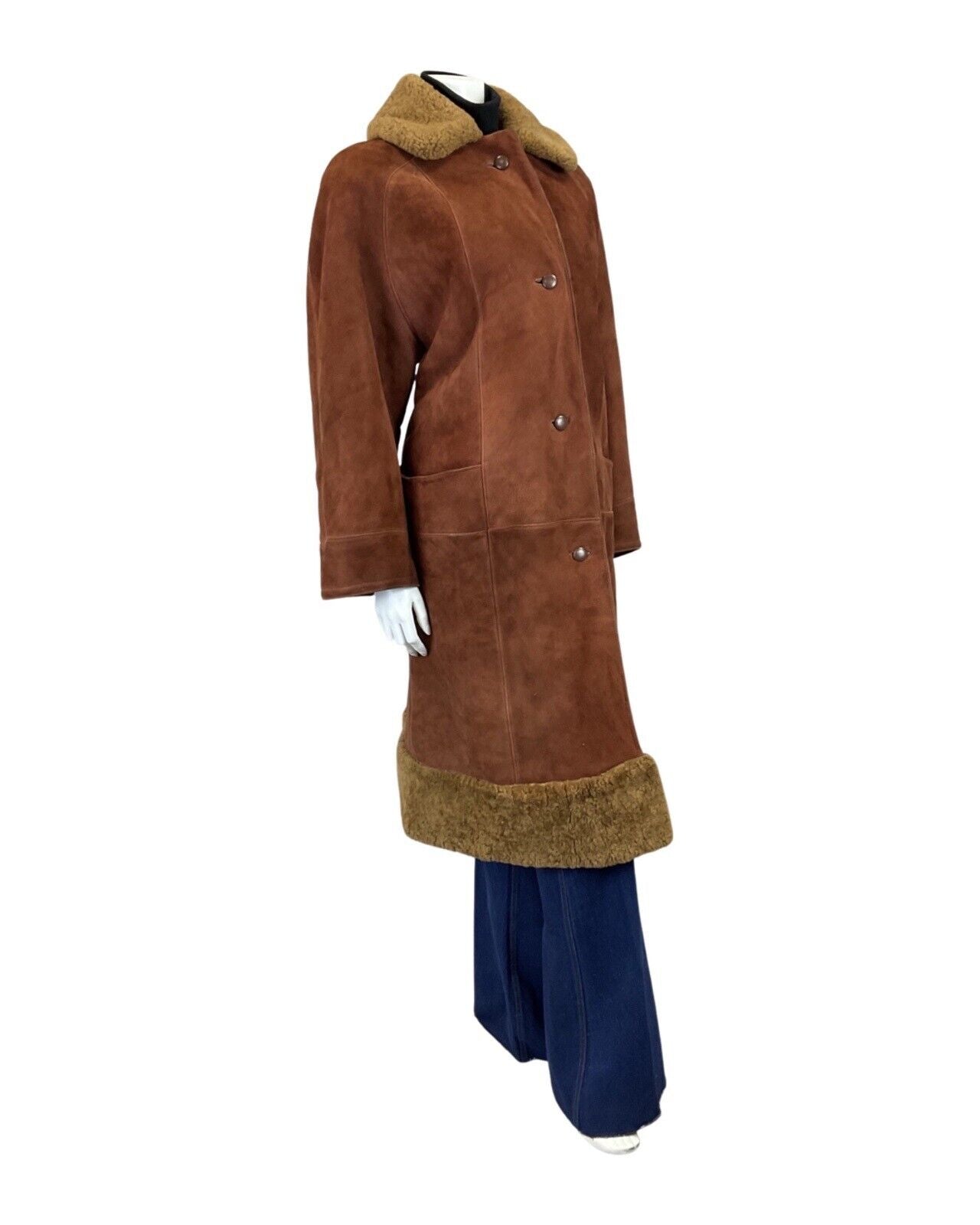 VINTAGE 60s 70s RUSSET BROWN SUEDE LEATHER SHEARLING LONG COAT 16 18