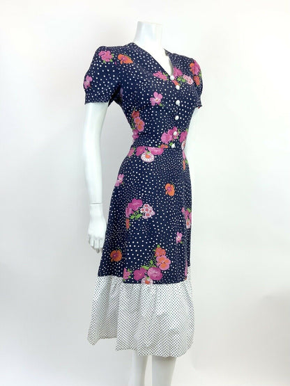 VINTAGE 60s NAVY BLUE WHITE PINK POLKA-DOT FLORAL RUFFLED MIDI DRESS 12