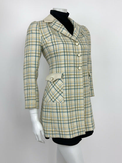 VTG 60s 70s MOD CREAM BLUE YELLOW GOLD PLAID CHECKED WOOL JACKET COAT 10