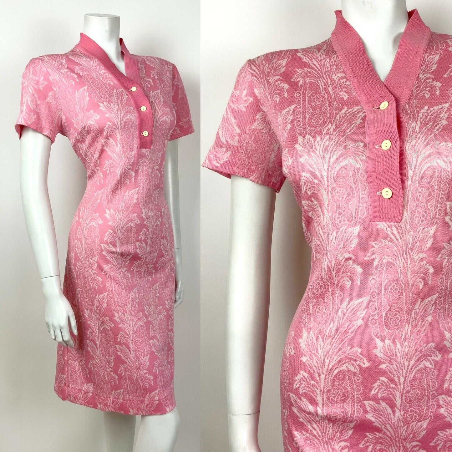 VINTAGE 60s 70s BABY PINK WHITE FLORAL PALM LEAF FITTED DRESS 14 16