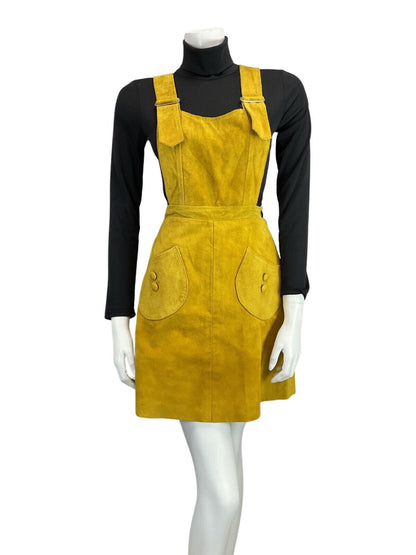 VINTAGE 60s 70s MUSTARD YELLOW SUEDE PINAFORE APRON BOHO MOD DRESS 6