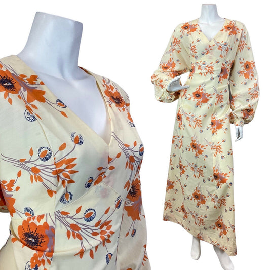 VINTAGE 60s 70s CREAM ORANGE FLORAL PUFF SLEEVE BOHO PRAIRIE MAXI DRESS 12 14