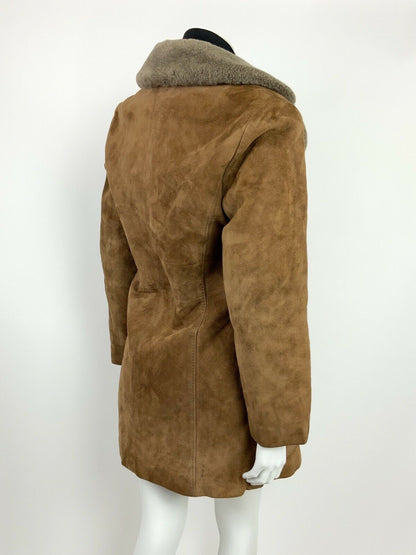 VTG 60s 70s CARAMEL BROWN GREY FAUX FUR SUEDE LEATHER BOHO SHEARLING COAT 10 12