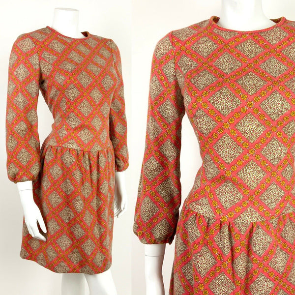 VINTAGE 60s 70s ORANGE WHITE YELLOW DAISY FLORAL GEOMETRIC DROP WAIST DRESS 12