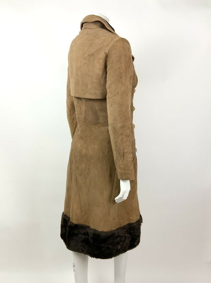 VINTAGE 60s 70s CAMEL BROWN SUEDE LEATHER FAUX FUR TOGGLE PRINCESS COAT 8 10