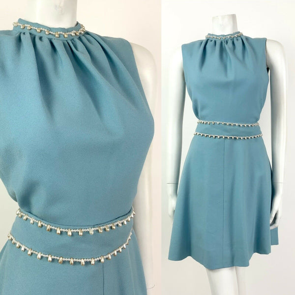 VINTAGE 60s BABY BLUE PEARL BEADED PARTY SLEEVELESS DRESS 10