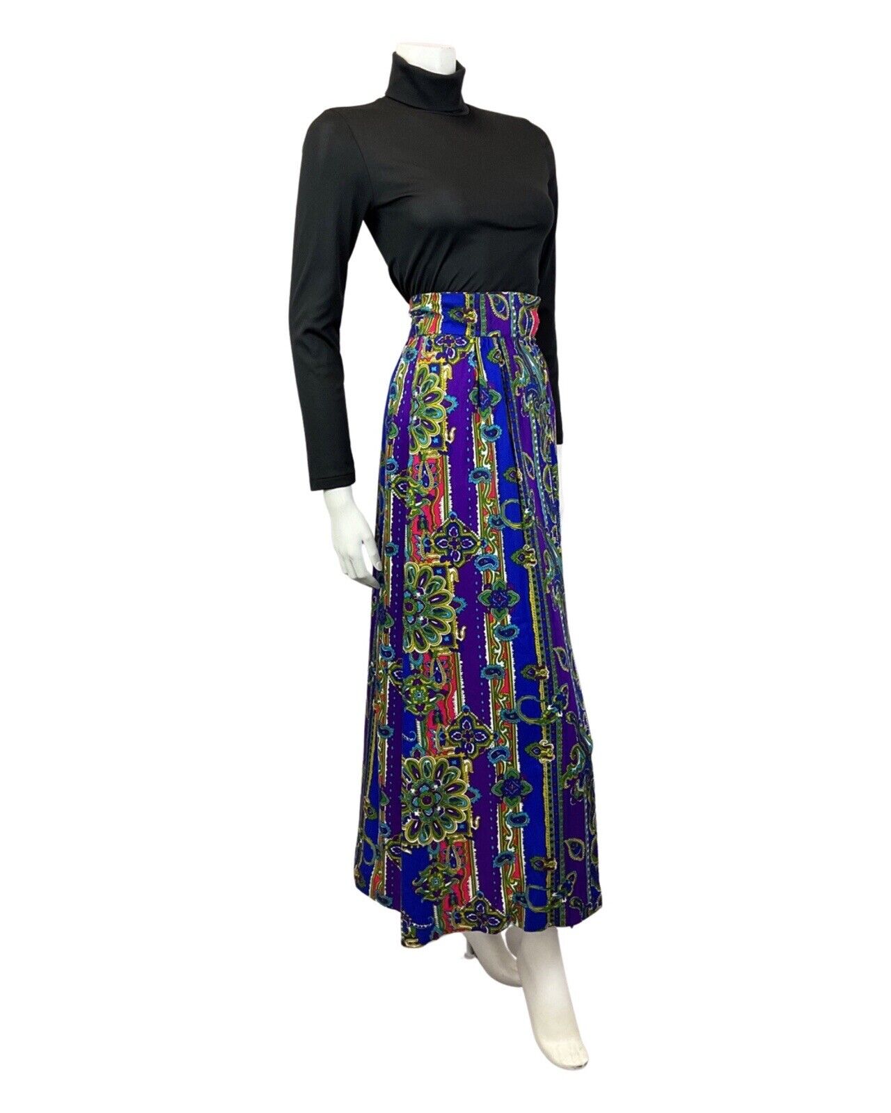 VINTAGE 70s BLUE PURPLE PINK PAISLEY FLORAL MANDALA MAXI SKIRT 8 10