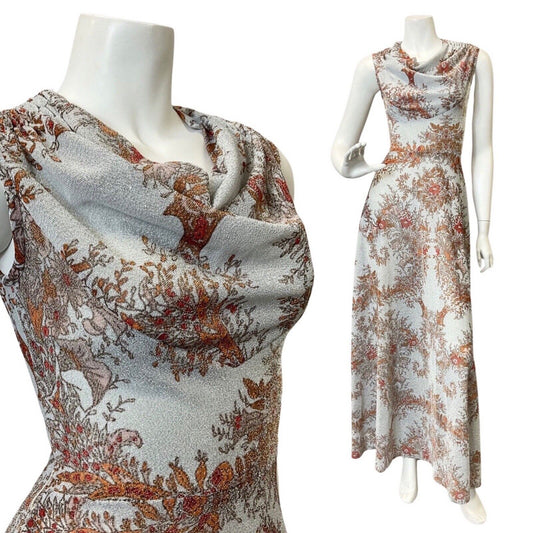 VINTAGE 70s SILVER RED BROWN FLORAL STUDIO 54 GLAM DISCO LUREX GOWN MAXI DRESS 6