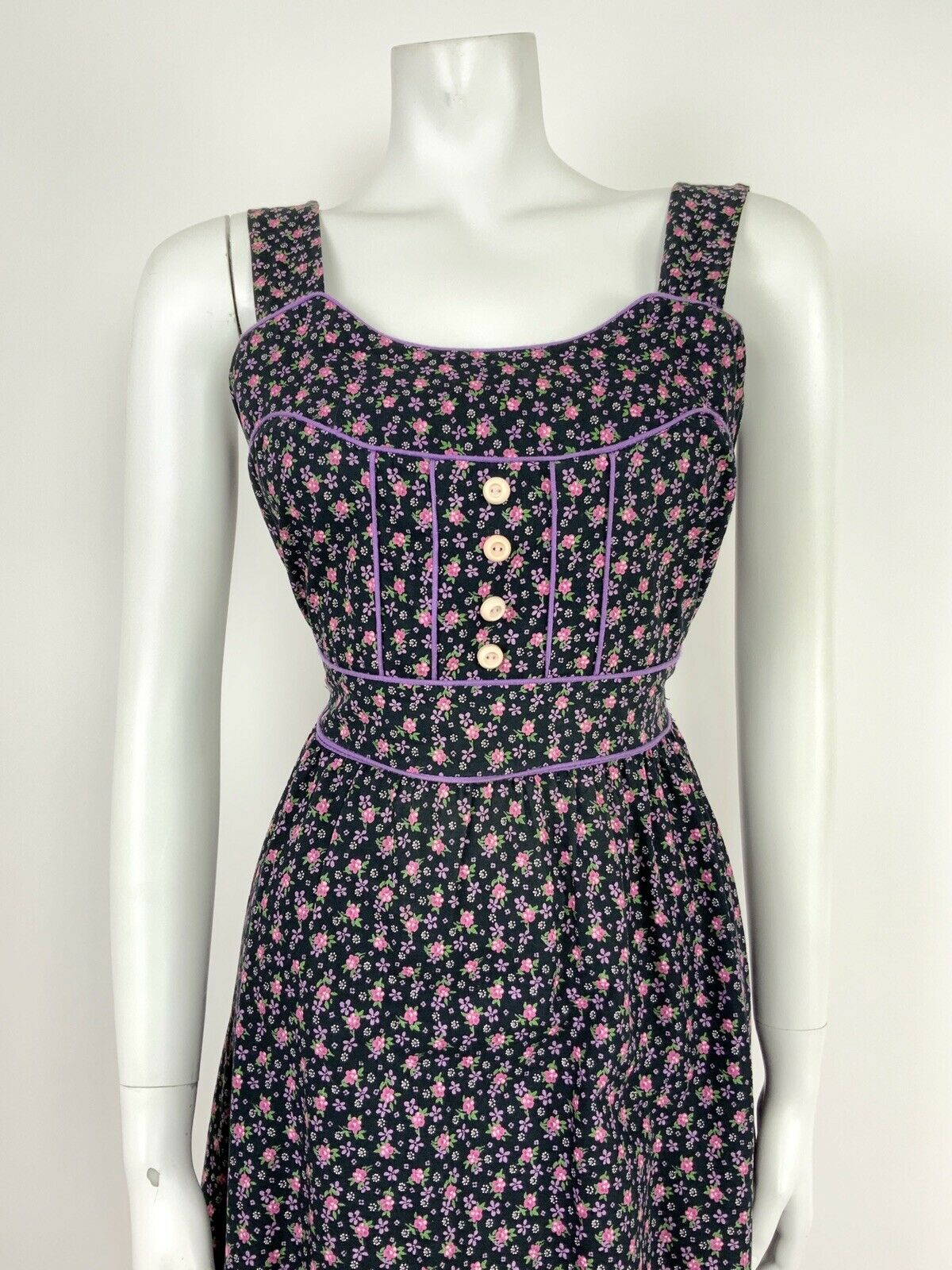 VTG 60s 70s BLACK PINK PURPLE WHITE GREEN FLORAL DITSY FOLK PRAIRIE DRESS 8 10