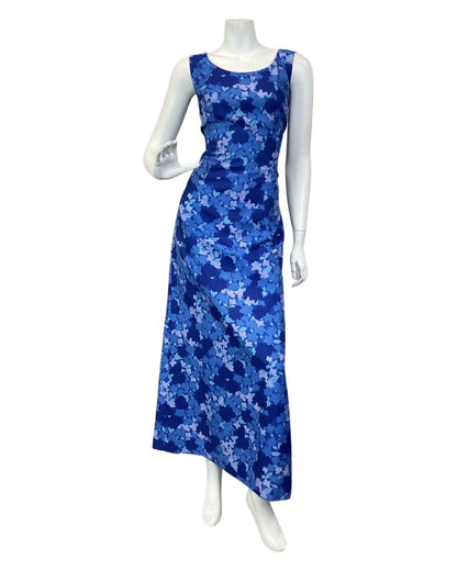 VINTAGE 60s 70s BLUE NAVY FLORAL ABSTRACT SLEEVELESS MAXI DRESS 10 12