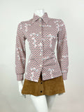 VINTAGE 60s 70s WHITE RED BLACK GEOMETRIC CHECKERBOARD MOD DAGGER BLOUSE 10 12