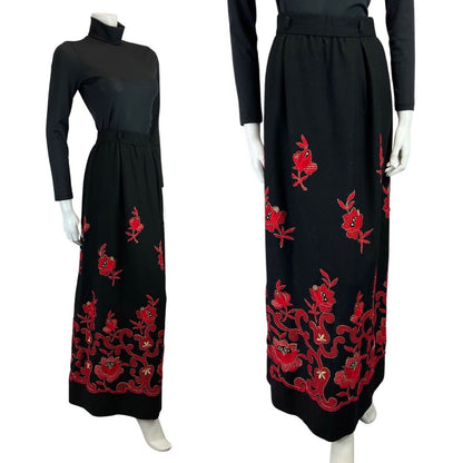 VINTAGE 60s 70s BLACK RED FLORAL EMBROIDERED BOHO FOLK WOOL MAXI SKIRT 6