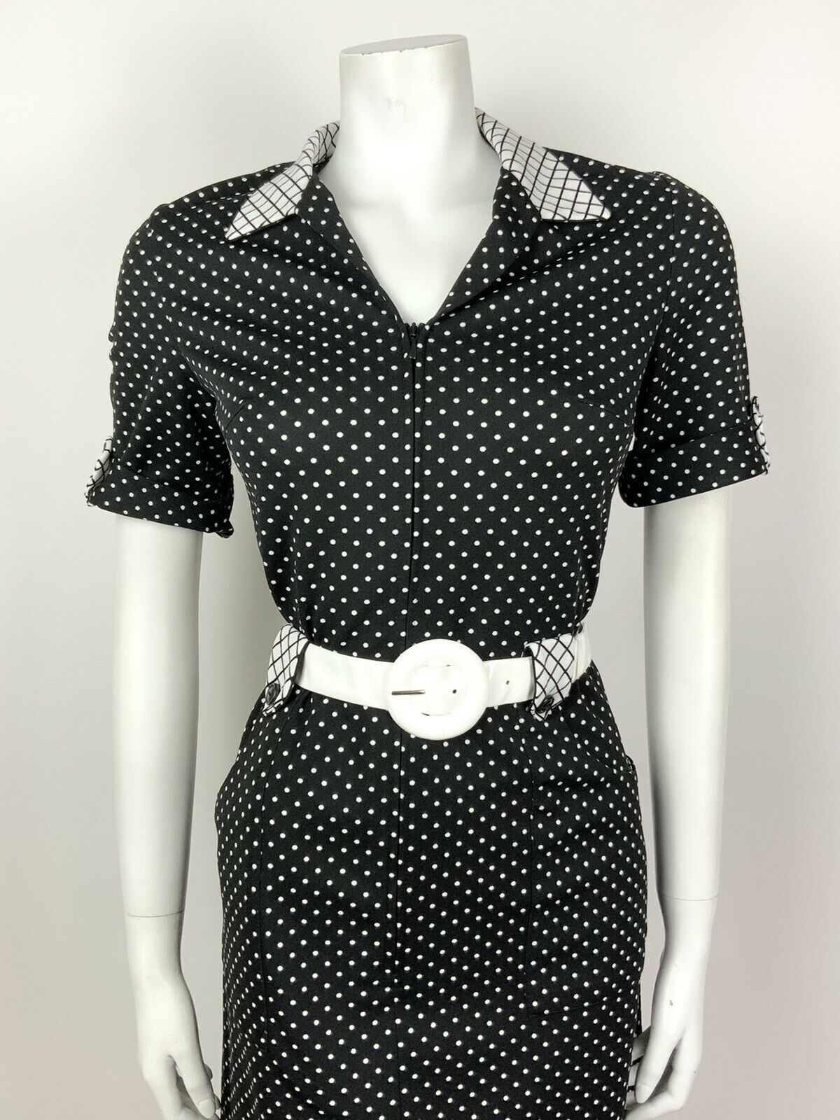 VINTAGE 60s 70s BLACK WHITE POLKA-DOT MOD BELTED MIDI WIGGLE DRESS 10 12