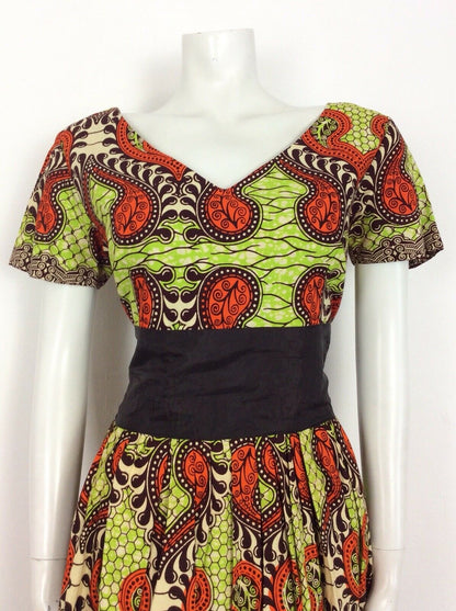 VINTAGE 60s 70s DRESS PSYCHEDELIC ANIMAL PRINT BATIK LIME GREEN ORANGE BLACK 14