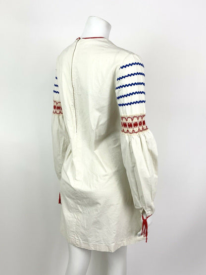 VTG 60s 70s CREAM RED BLUE RIC RAC CROCHET FOLK COTTON MINI SHIFT DRESS 12 14