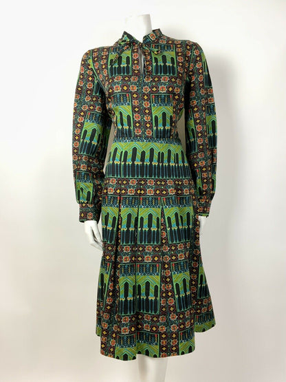 VTG 60s 70s BLACK GREEN YELLOW RED MOROCCAN TILE PSYCHEDELIC DRESS 12 14