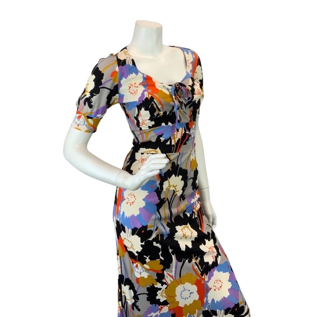 VINTAGE 60s 70s BLACK WHITE BLUE PSYCHEDELIC FLORAL RUFFLE MOD MIDI DRESS 6